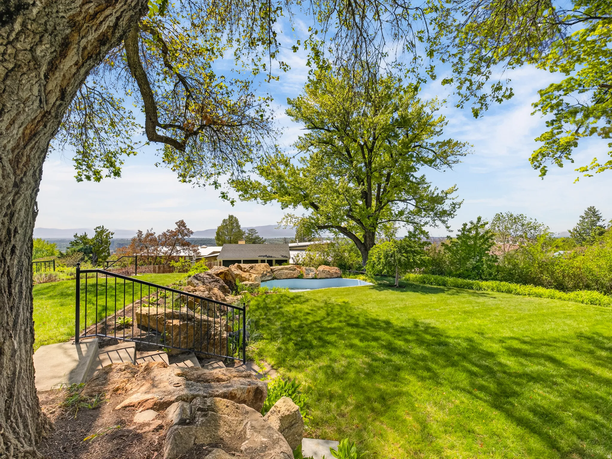 Expansive backyard featuring a manicured lawn, established trees, and a swimming pool
