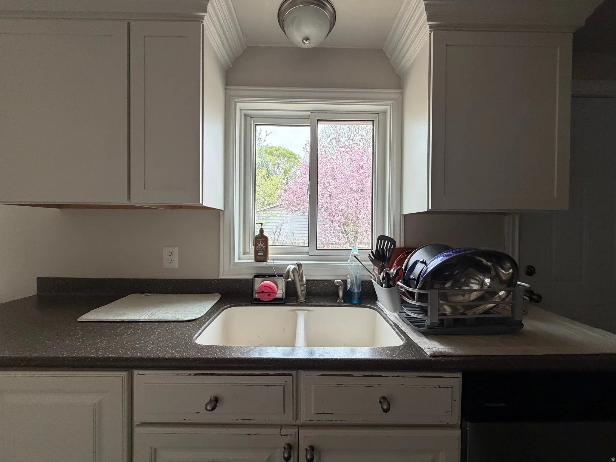 Kitchen featuring dark countertops, ornamental molding, and stainless steel dishwasher
