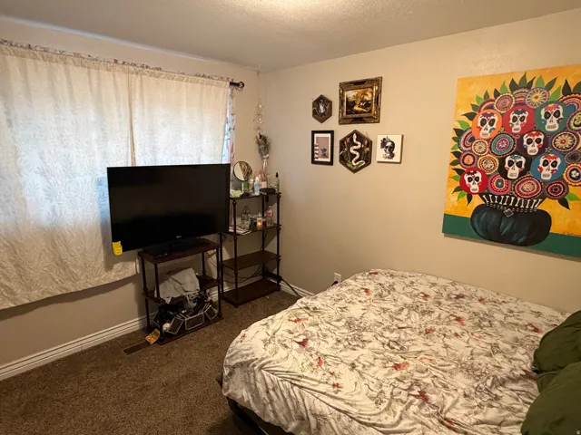 Bedroom with a textured ceiling and dark colored carpet