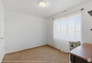 Recessed ceiling light, wall-to-wall carpeting, and white walls