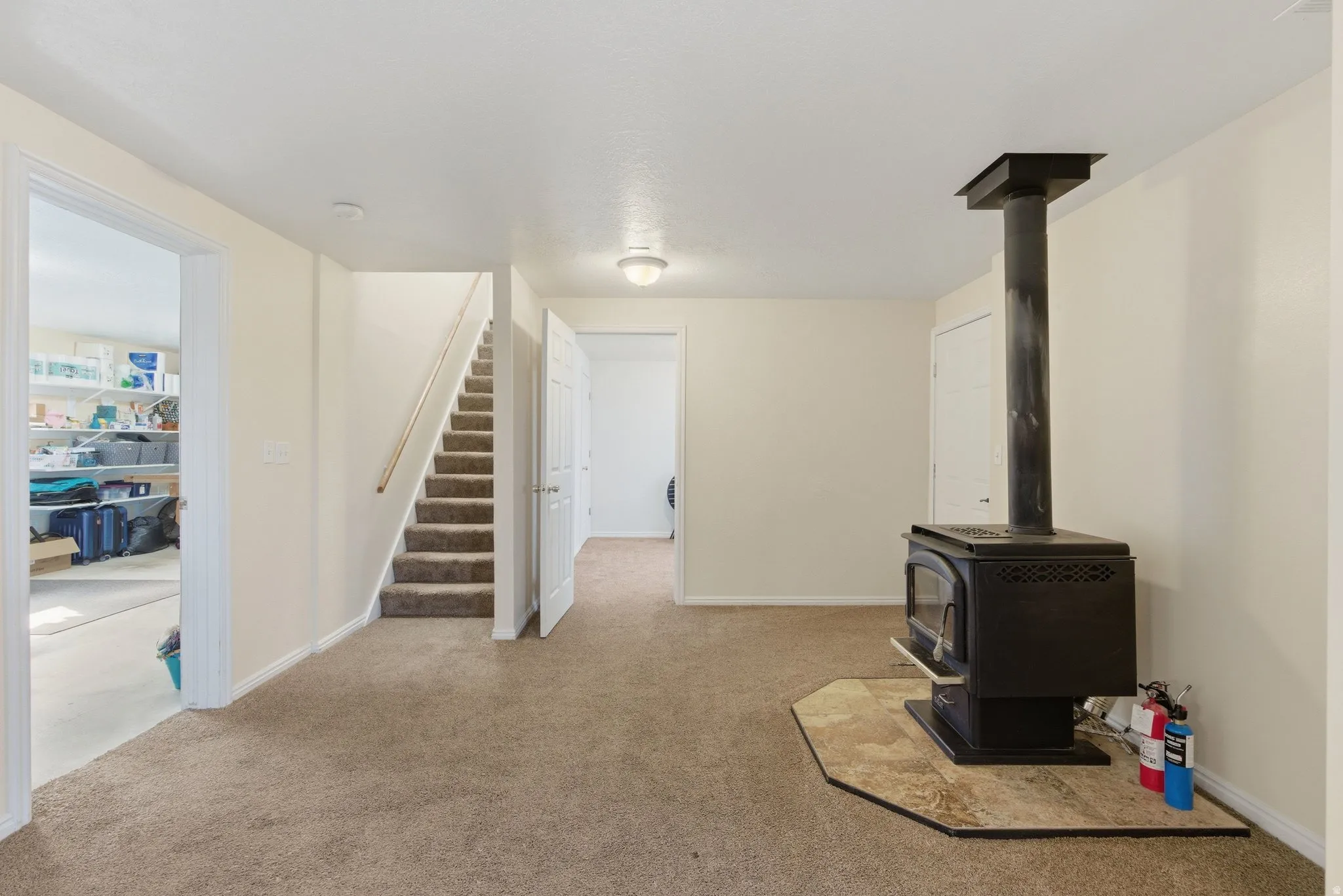 Basement family with a wood-burning stove for keeping you toasty on a winter's night.  The door on the right also leads out to the patio, which overlooks the backyard and the mountain.