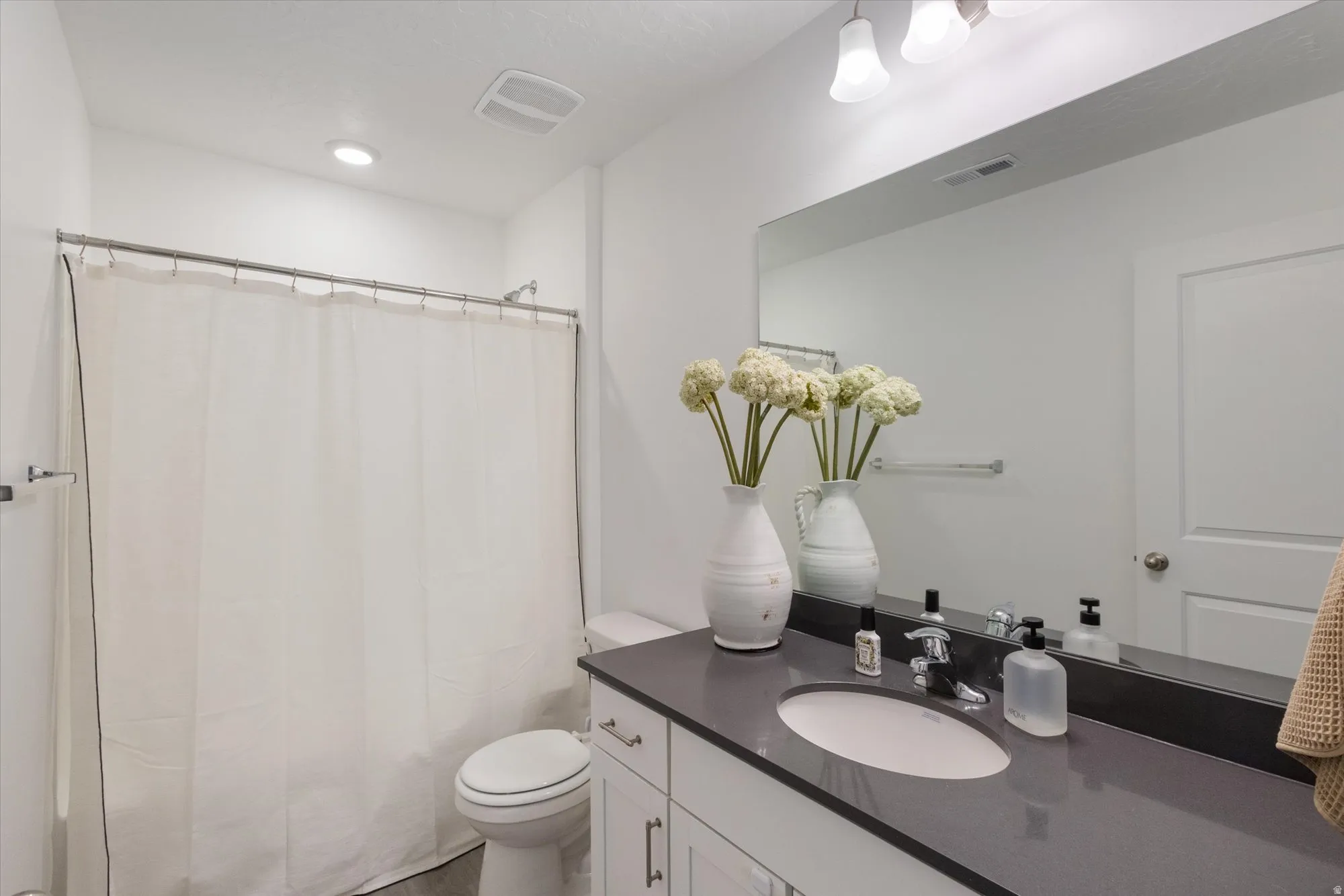 Full bath featuring vanity and a shower with shower curtain