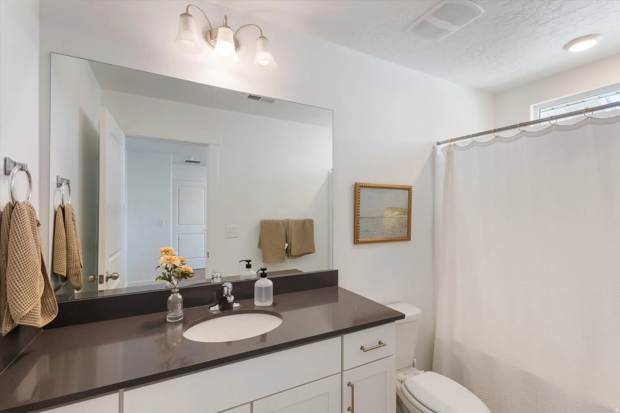 Bathroom with vanity and curtained shower