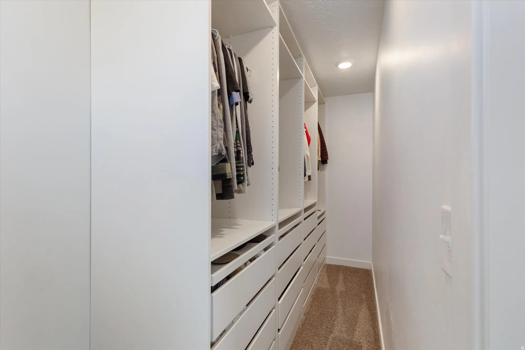 Walk in closet with light carpet