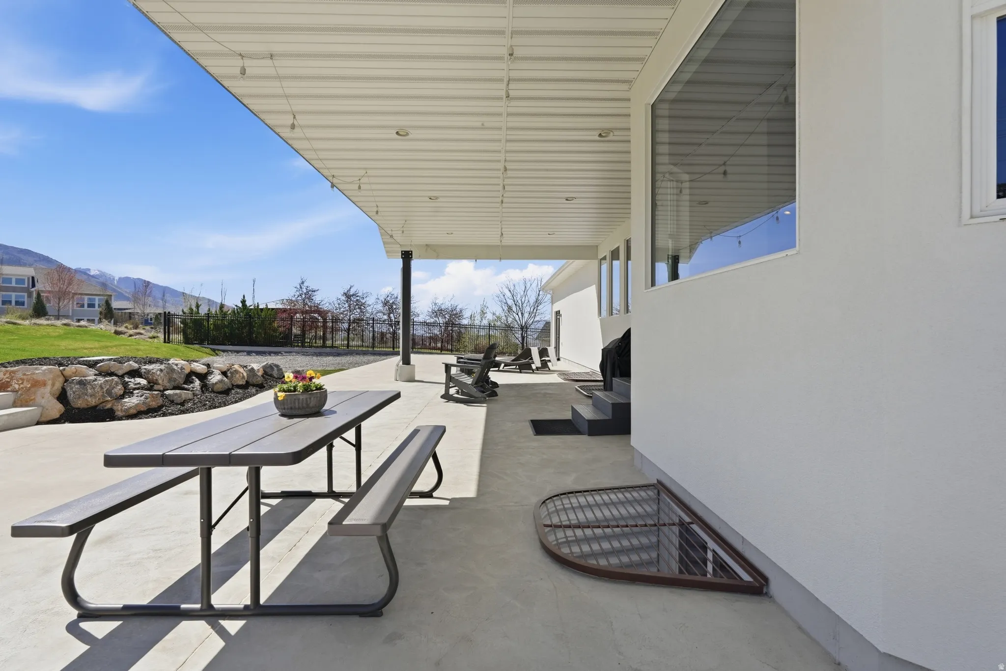 View of patio with a mountain view