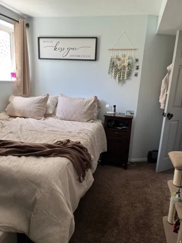 Bedroom featuring carpet floors and baseboards with walk-in closet