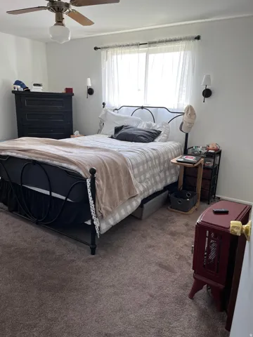 Primary bedroom featuring carpet and ceiling fan