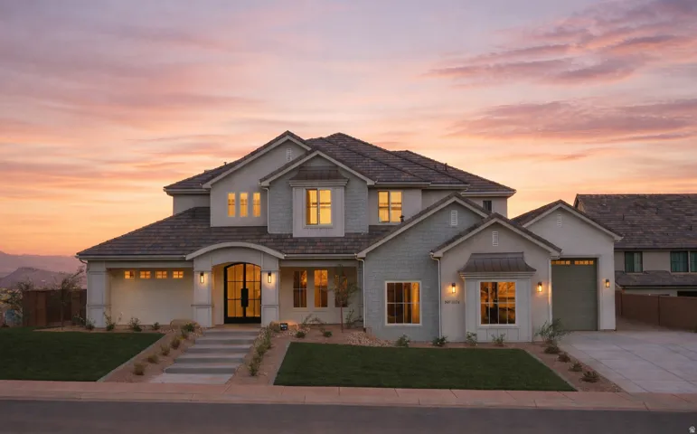 Contemporary two-story exterior featuring a prominent arched entry, mixed material facade, and a three-car garage