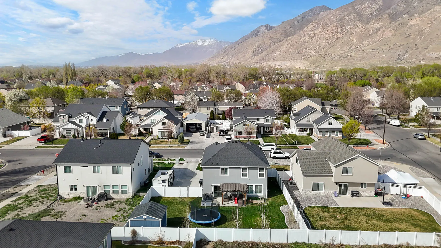 Aerial view of residential area with mountains