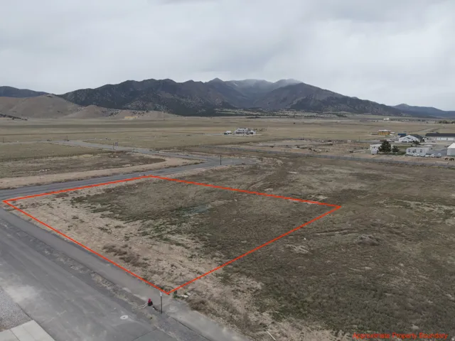 Aerial view of sparsely populated area featuring property boundaries highlighted and a mountain backdrop