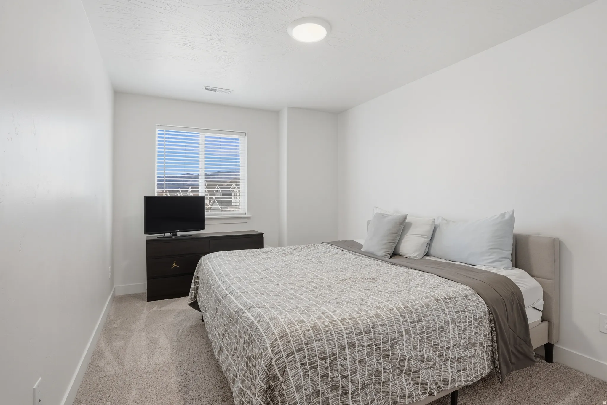 Bedroom featuring baseboards and light colored carpet
