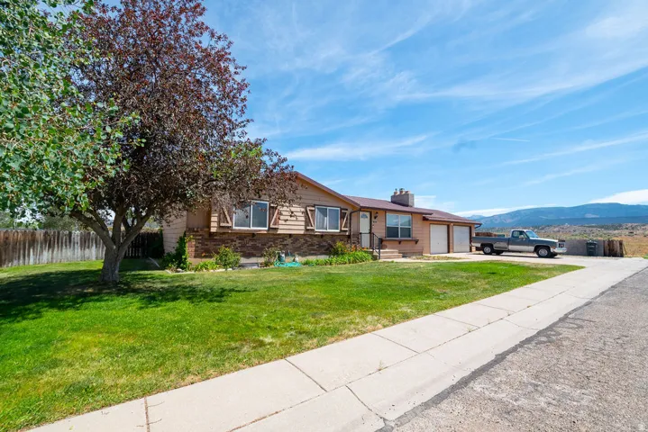 Ranch-style residence featuring a prominent front lawn, a two-car garage, and a concrete driveway