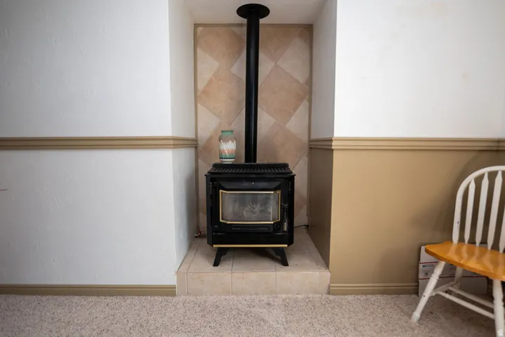 Detailed view of carpet flooring and a wood stove