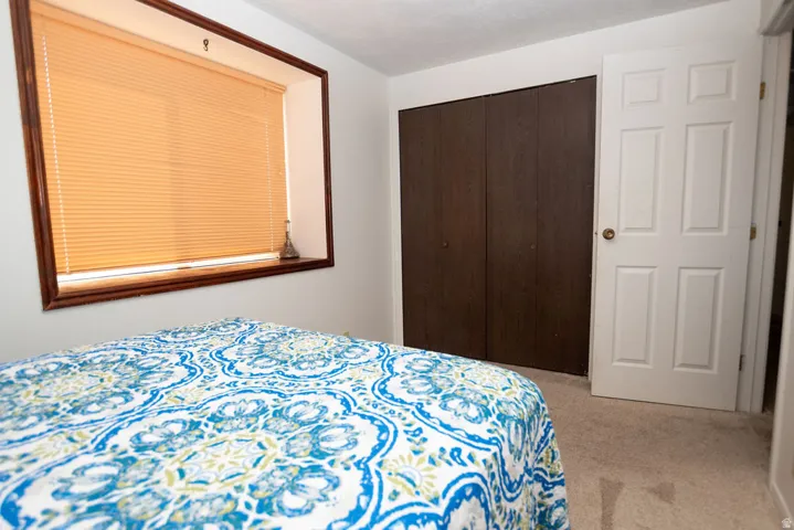 Bedroom with light carpet and a closet