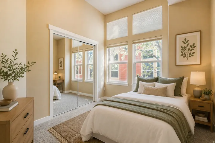 Second Bedroom w large windows and high ceilings