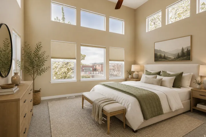 Primary Bedroom featuring a high vaulted ceiling and multiple large windows.