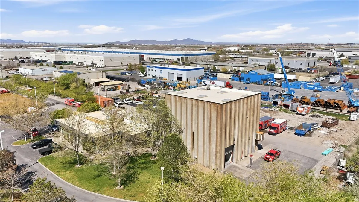 Aerial view of an industrial area and mountains