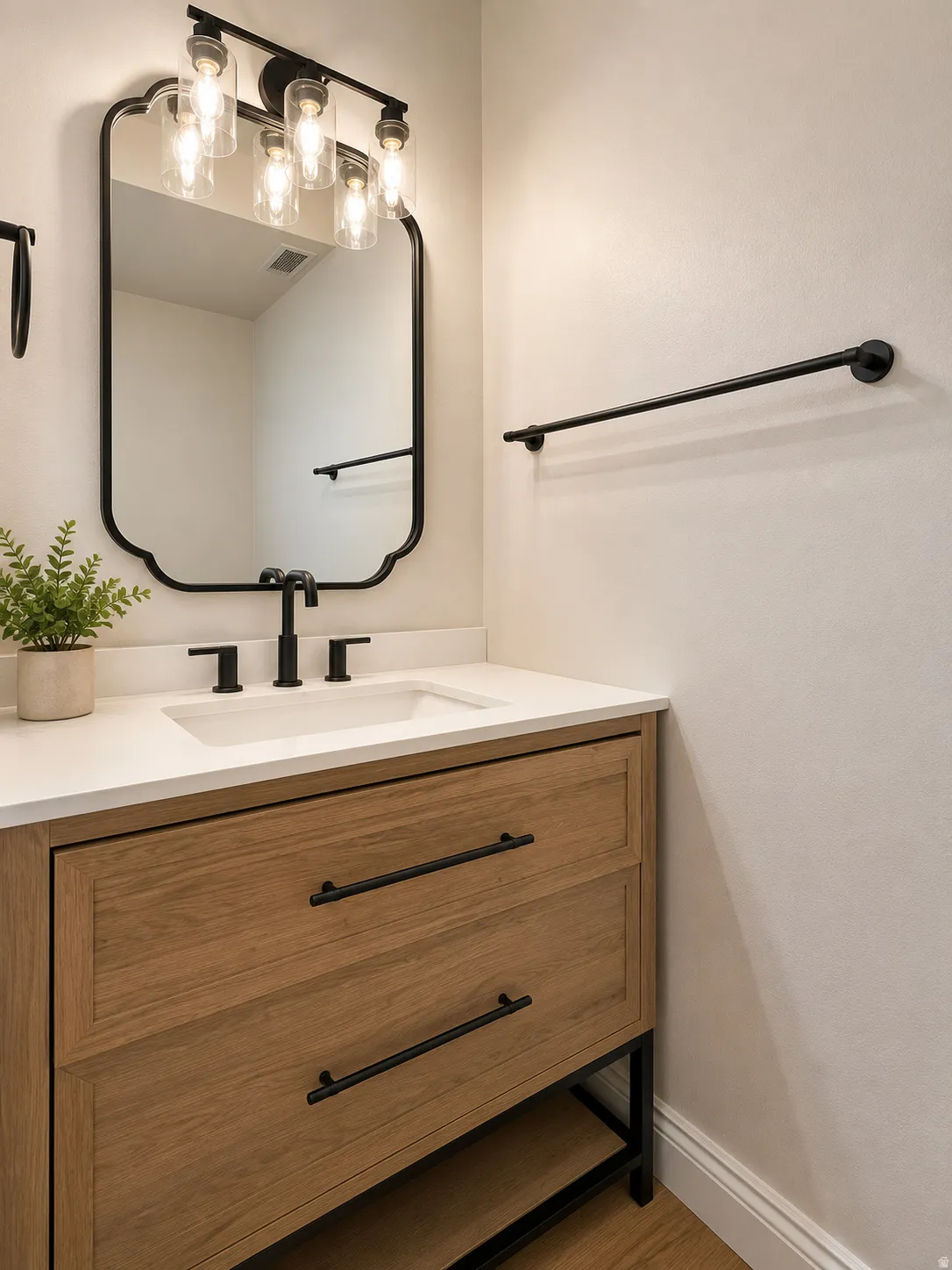Modern vanity featuring wood-finish cabinetry with two drawers, a white countertop, and an integrated sink