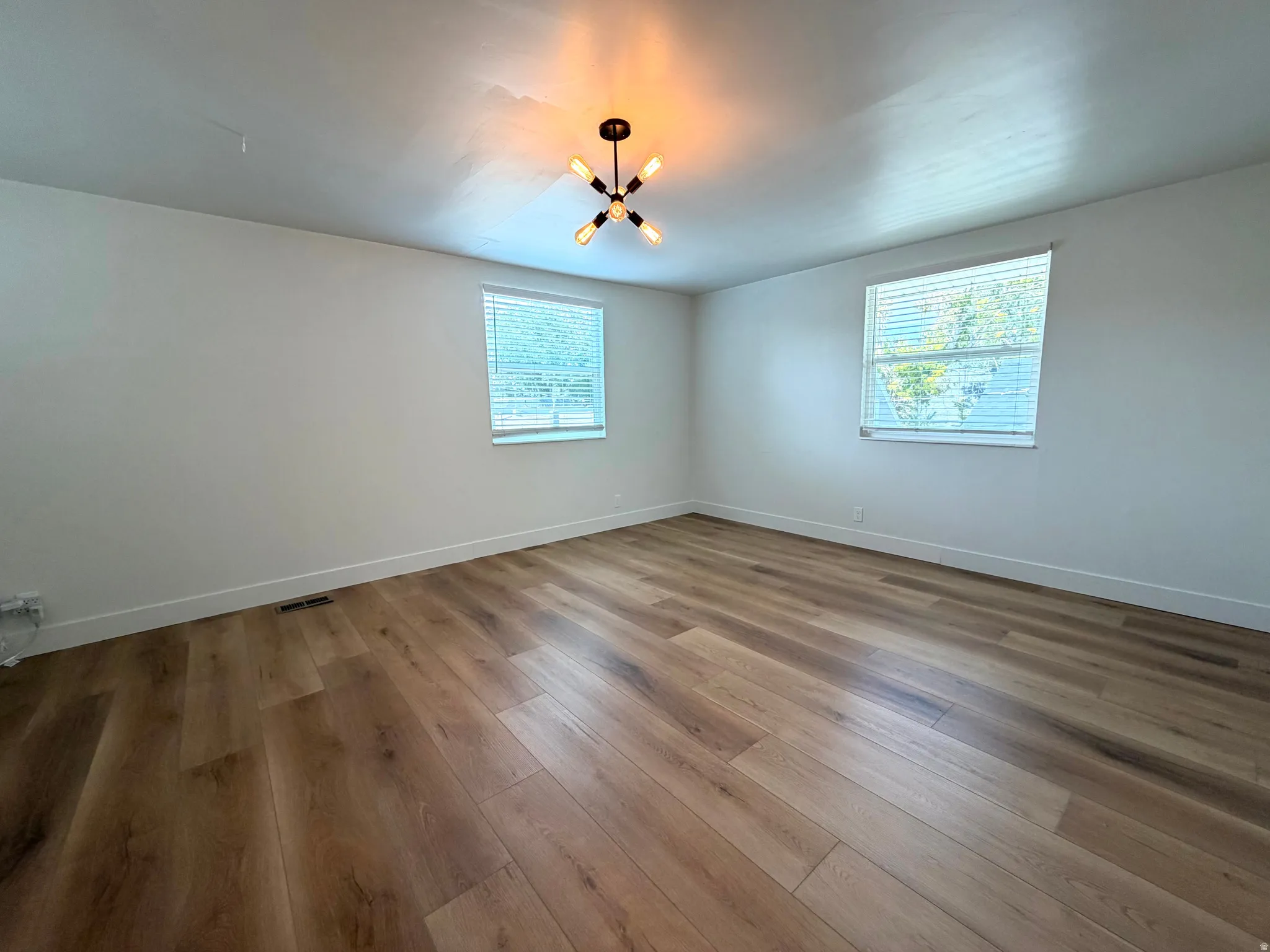 Wood-finish flooring, white walls, two windows with blinds, and a contemporary ceiling fixture