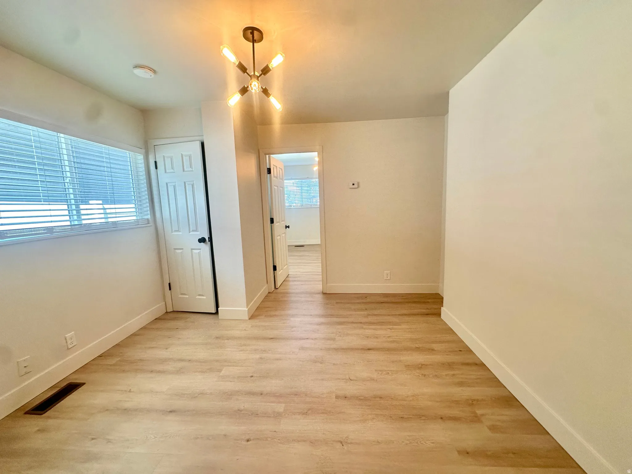 Bright interior space featuring wood-finish flooring, white baseboards, and a contemporary ceiling fixture
