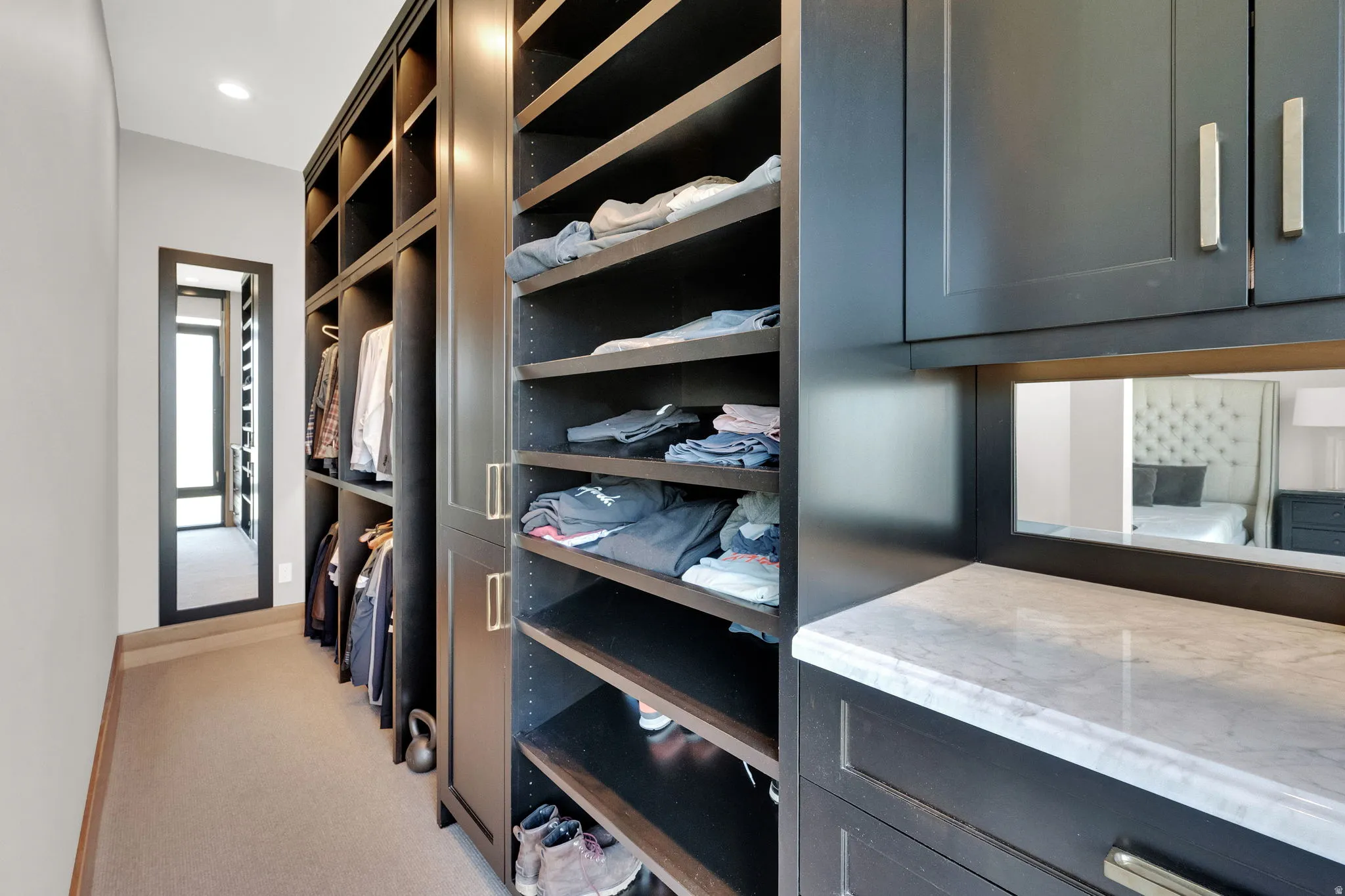 Walk in closet featuring light carpet