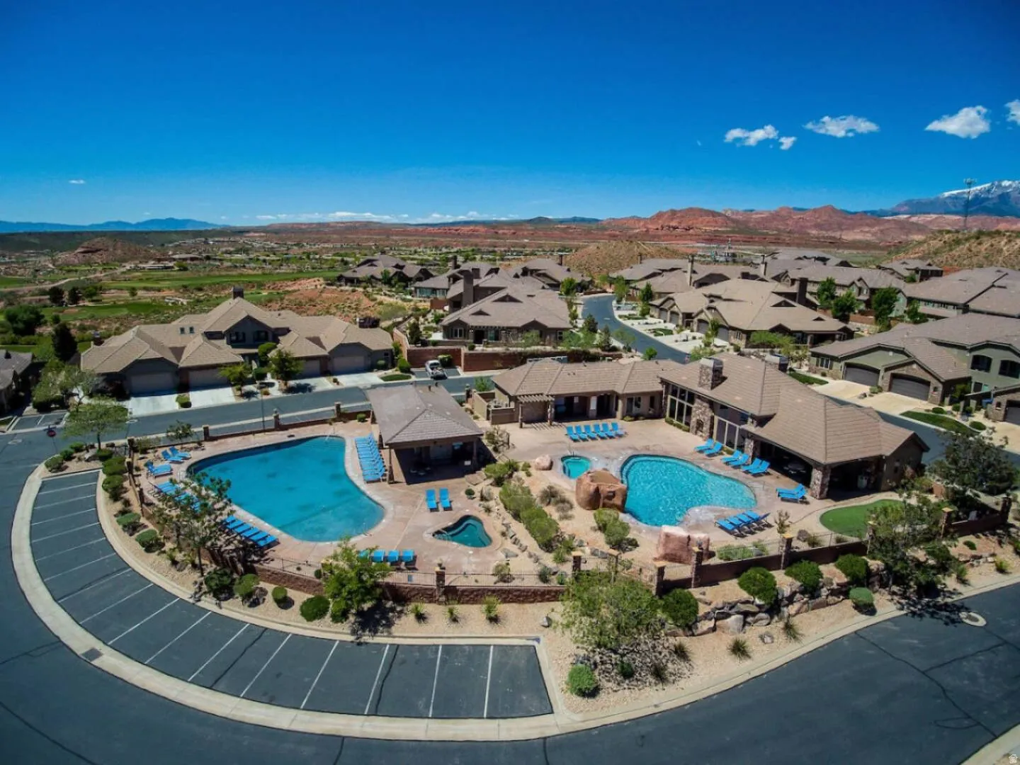 Aerial perspective of suburban area with mountains