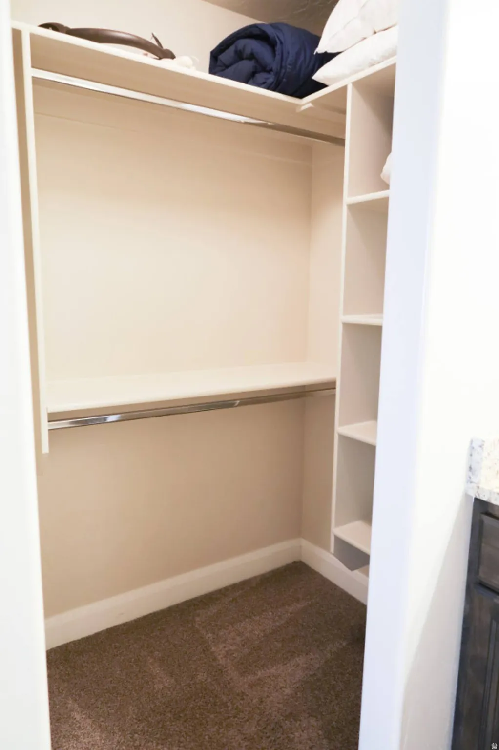 Walk in closet with dark carpet