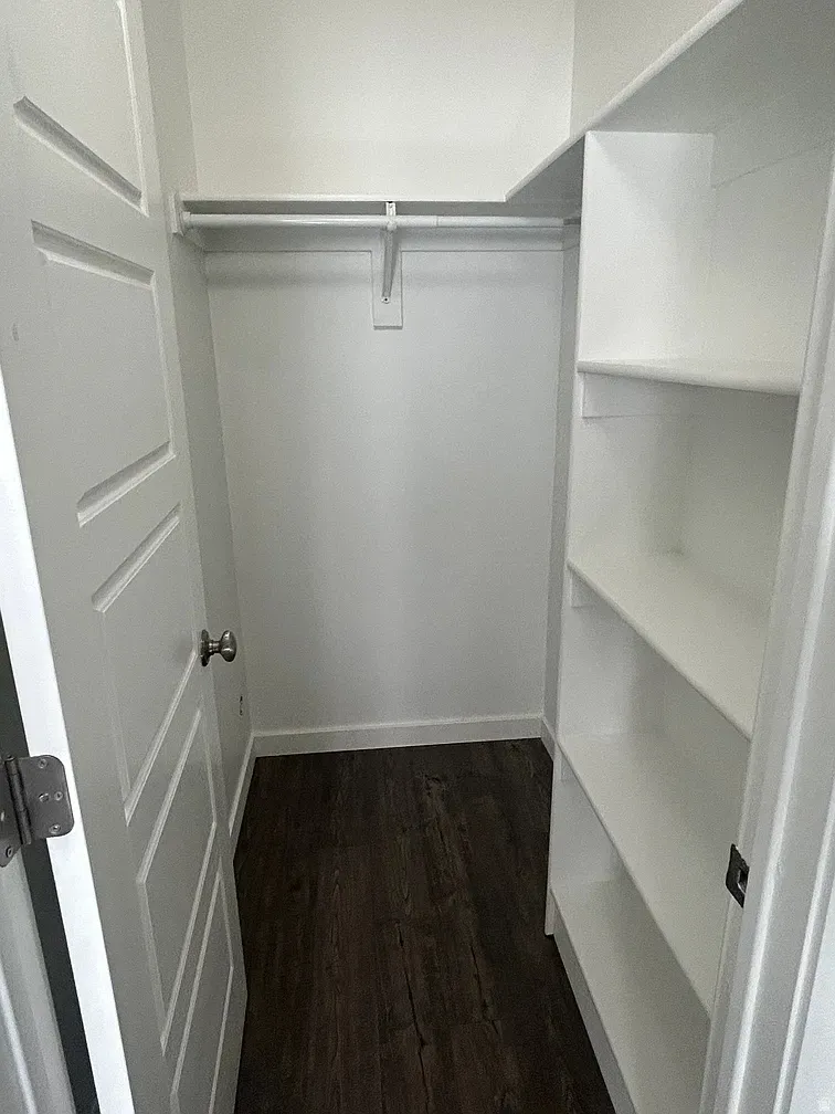 Walk in closet with dark wood-style flooring