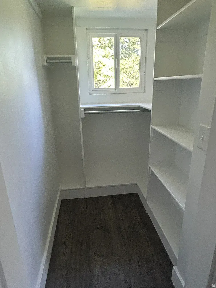 Walk in closet with dark wood finished floors