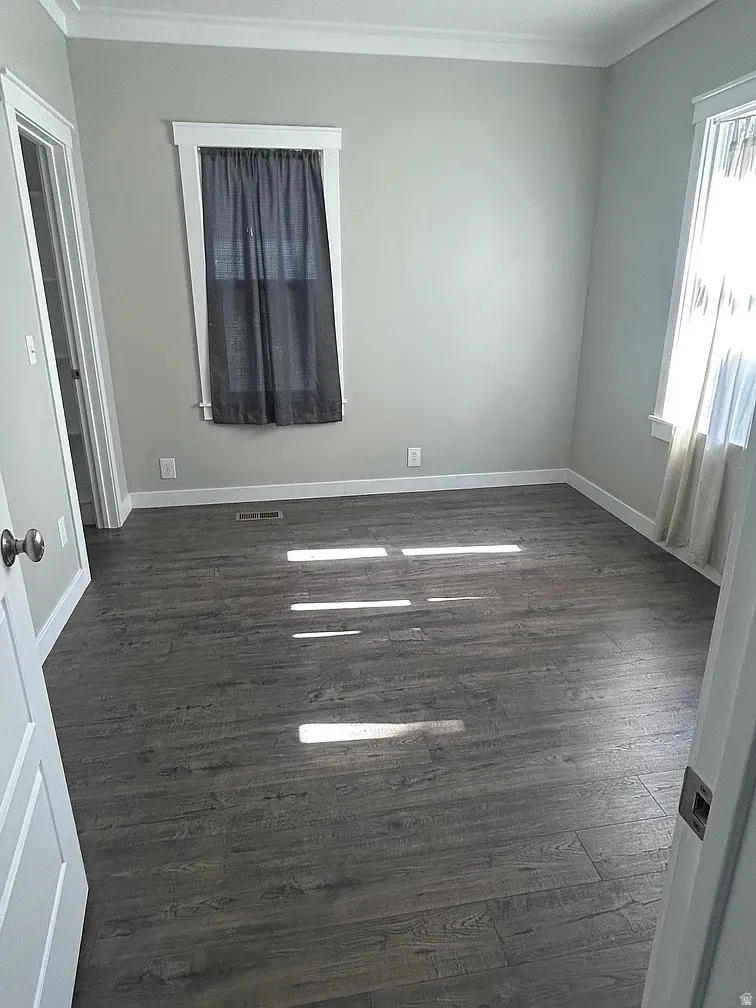 Spare room with ornamental molding and dark wood finished floors