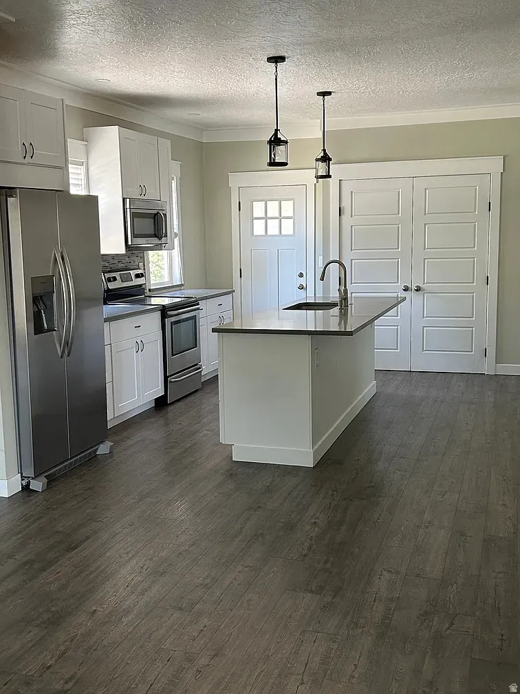 Kitchen with stainless steel appliances, white cabinetry, a textured ceiling, dark wood-style flooring, and hanging light fixtures