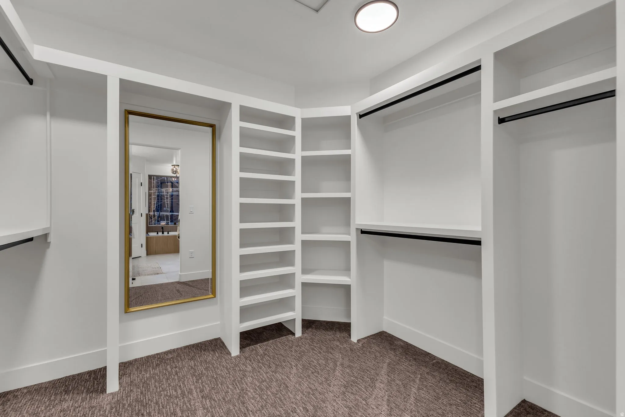 Walk in closet featuring dark colored carpet