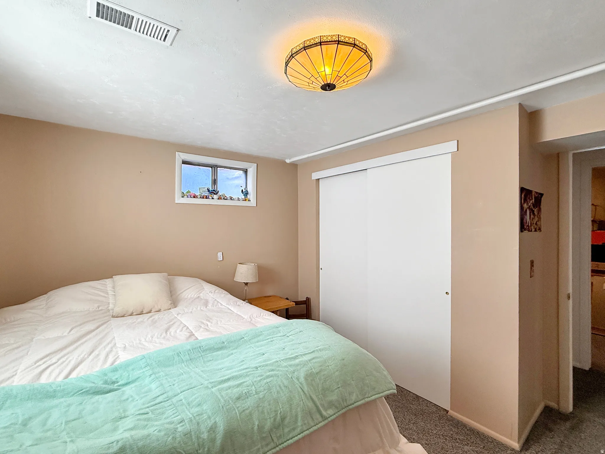 Carpeted bedroom featuring a closet