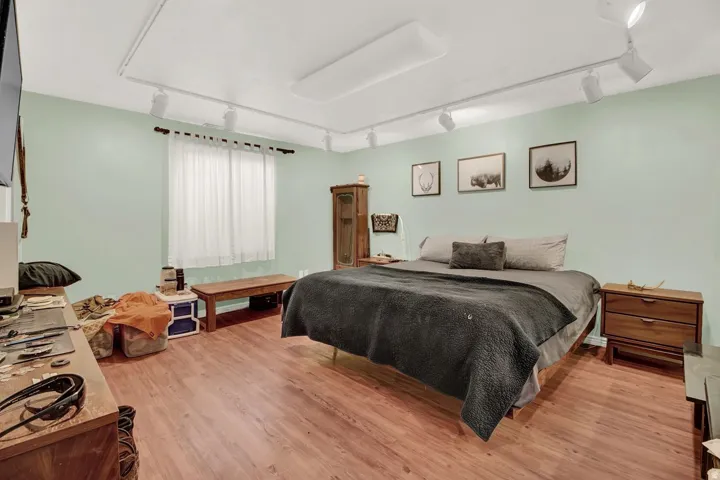 Bedroom with rail lighting and light wood-style flooring