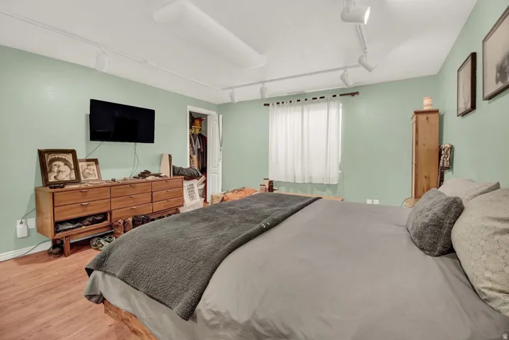 Bedroom with track lighting, wood finished floors, and a walk in closet