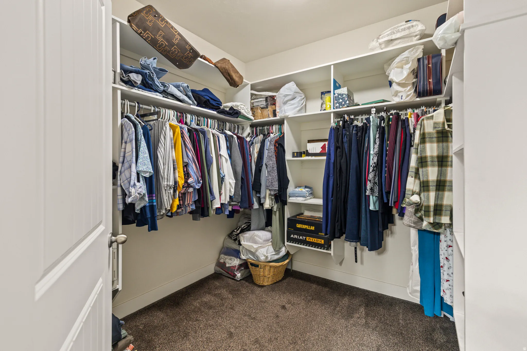 Walk in closet featuring dark colored carpet