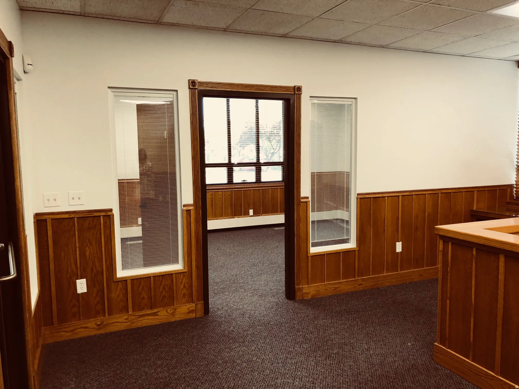 Hall featuring wooden walls, dark carpet, a wainscoted wall, a paneled ceiling, and a baseboard radiator