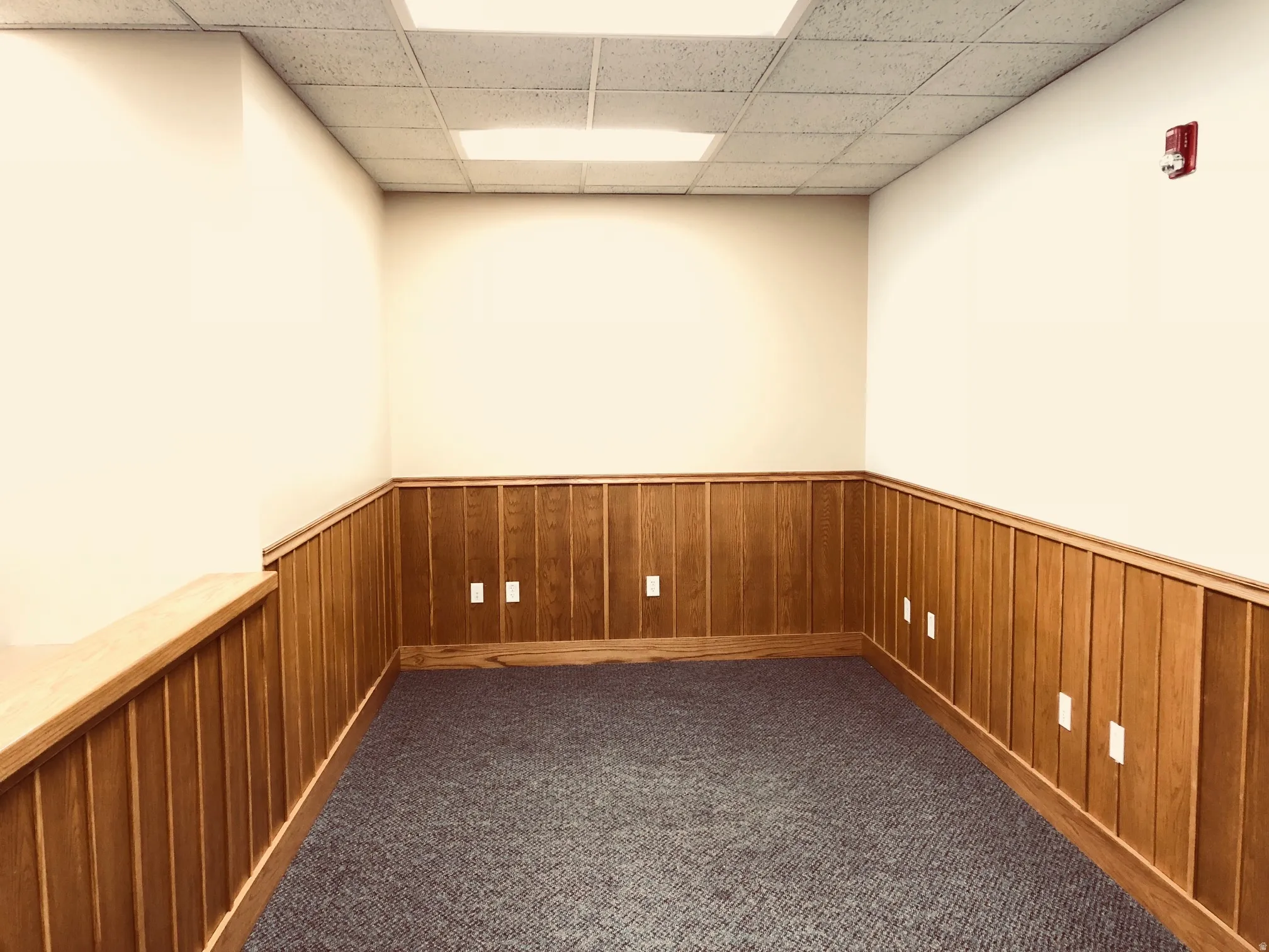 Unfurnished room featuring a paneled ceiling, wood walls, a wainscoted wall, and dark colored carpet