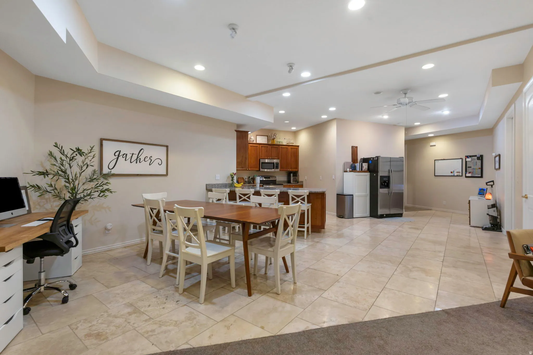 Dining area featuring a desk, ceiling fan, recessed lighting, and light tile patterned floors
