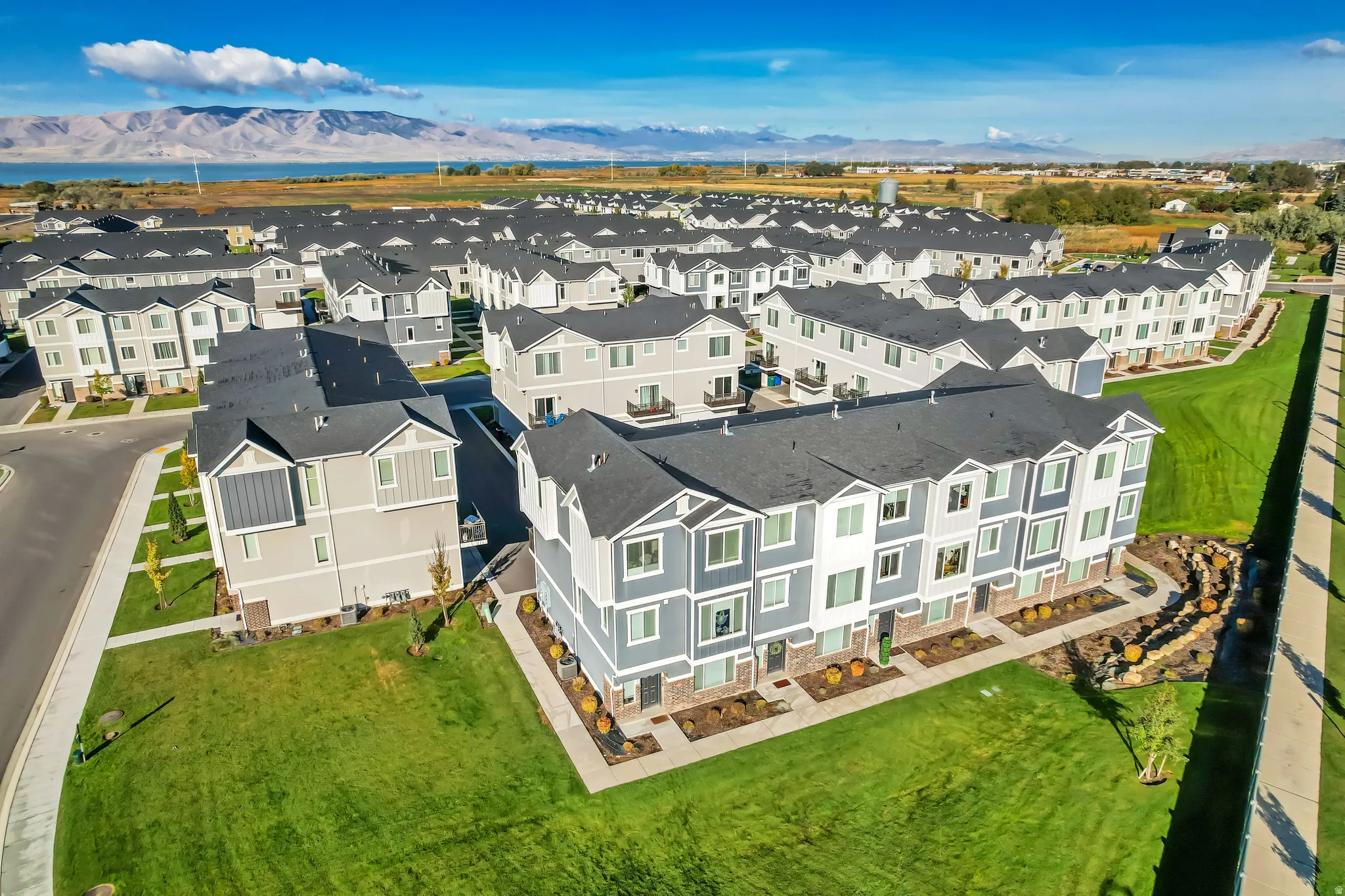 Aerial view with a mountain back drop