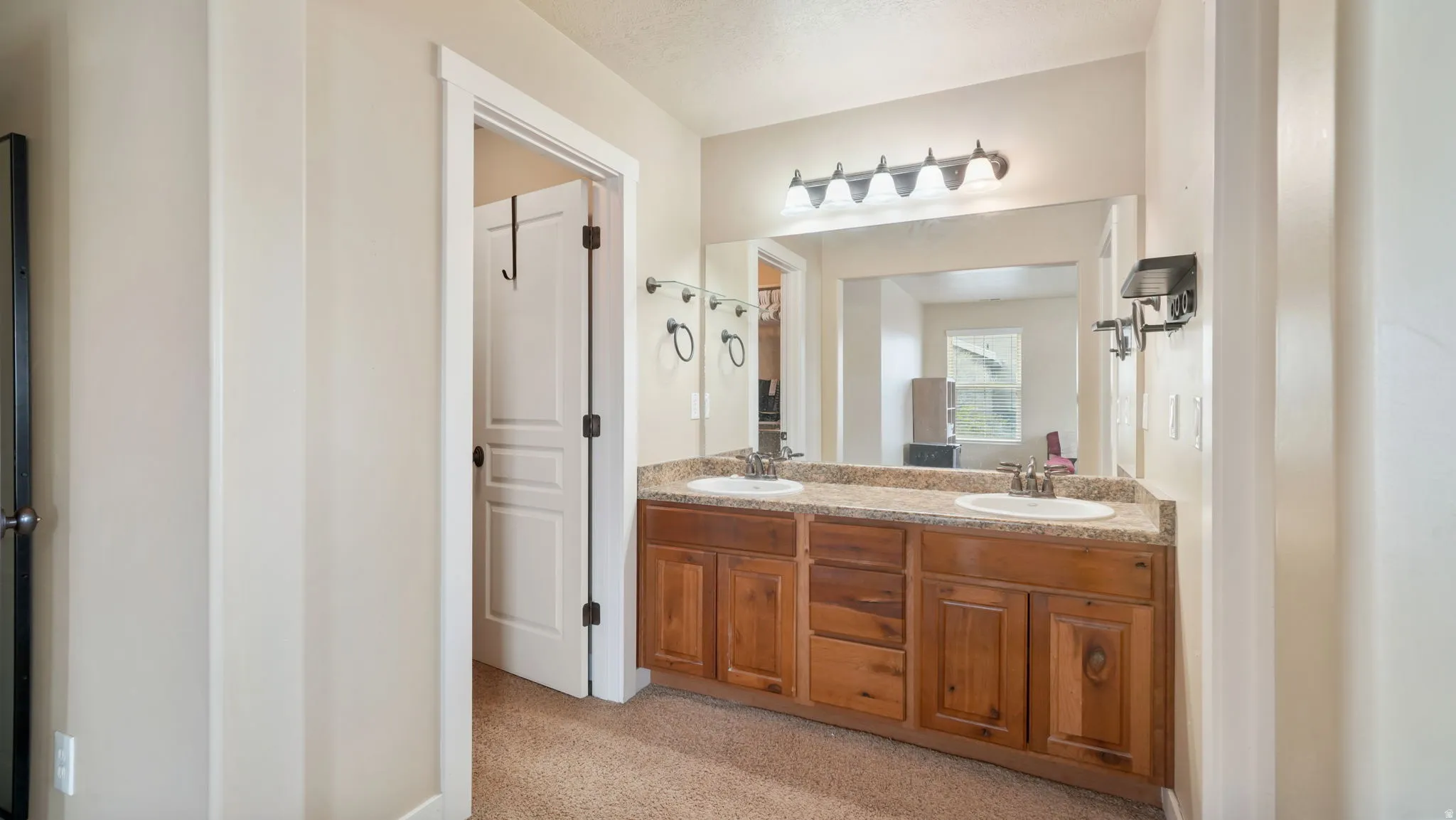 Bathroom with double vanity and light carpet