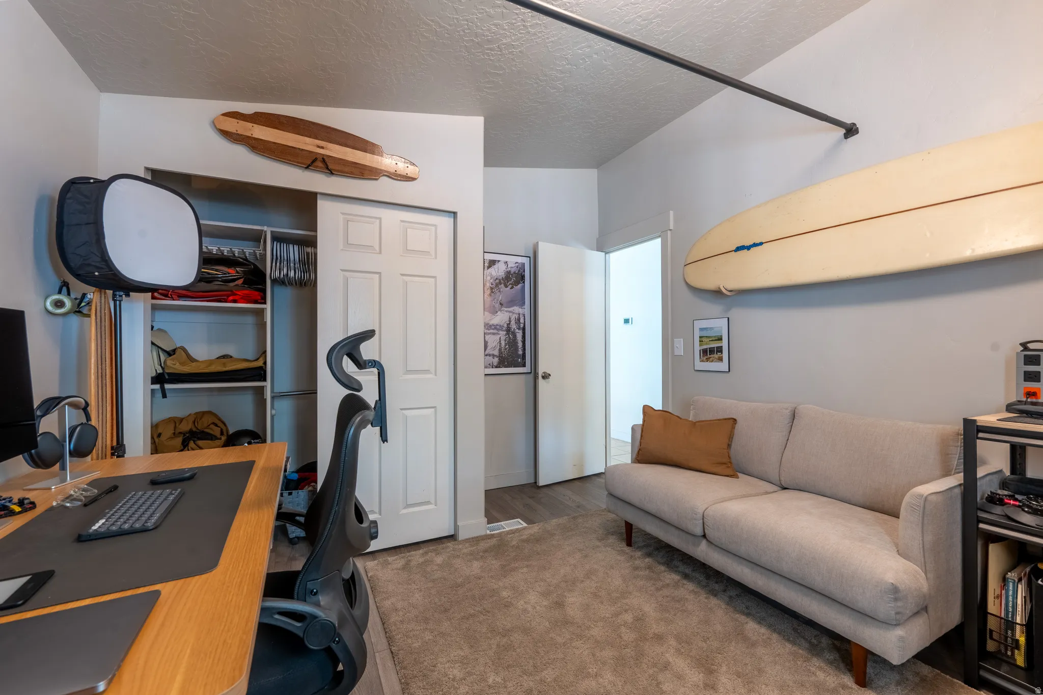 Office with a textured ceiling