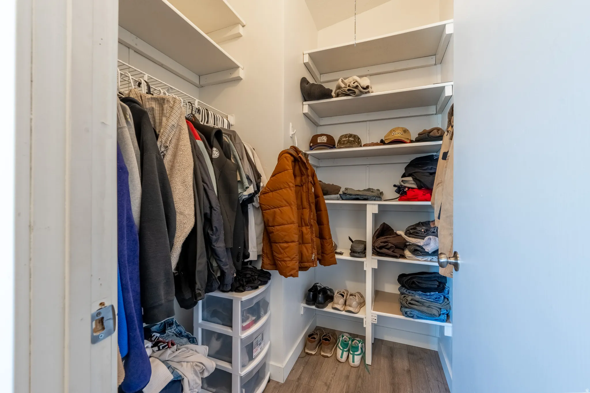Walk in closet with light wood-style flooring