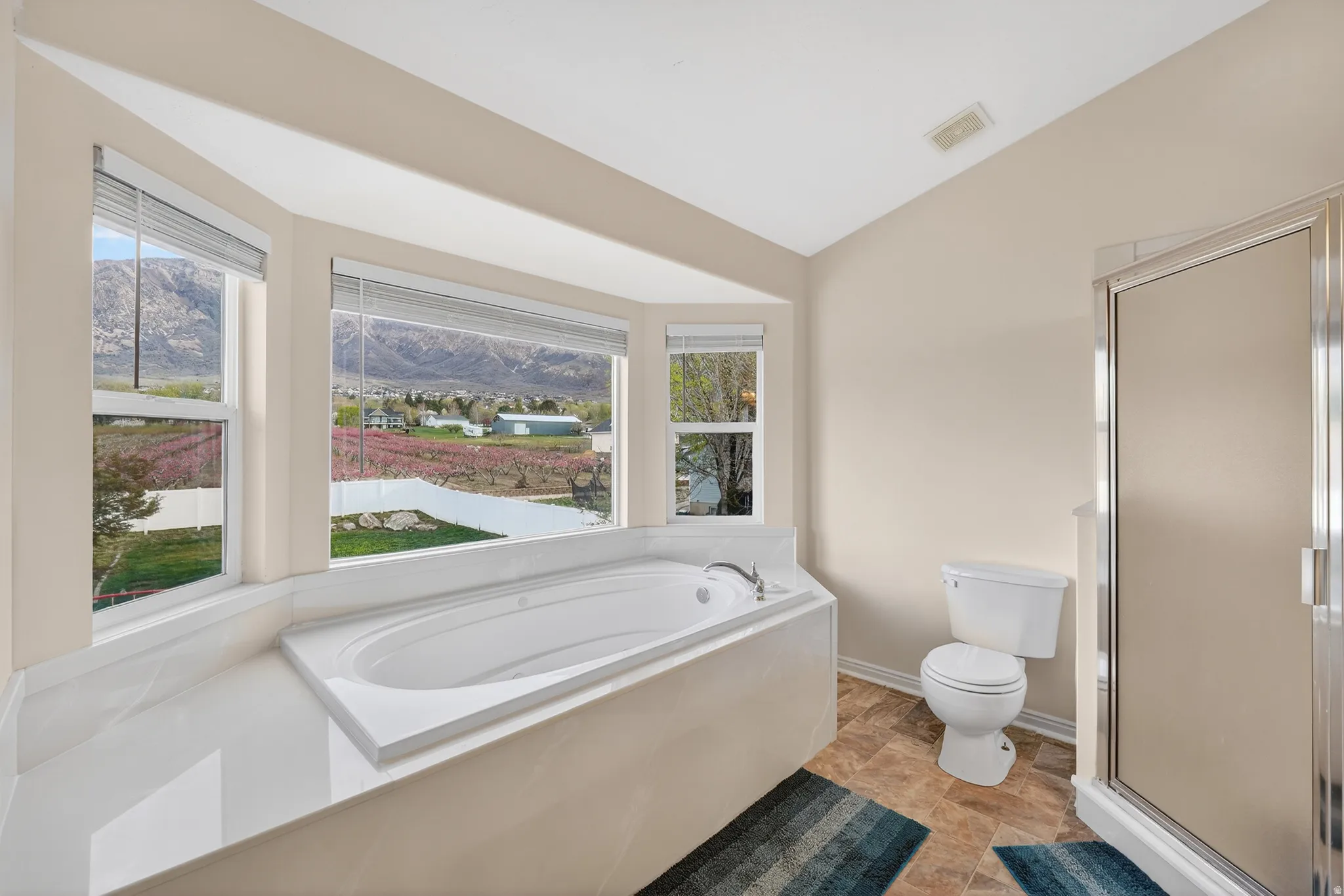 Full bathroom with a garden tub, lofted ceiling, a stall shower, and a mountain view