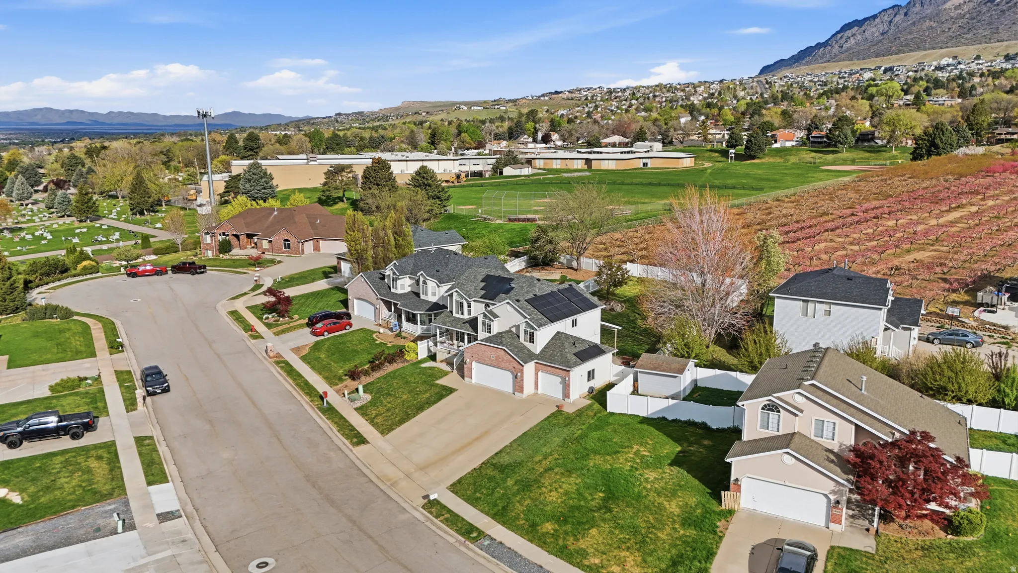 Aerial view of residential area with mountains