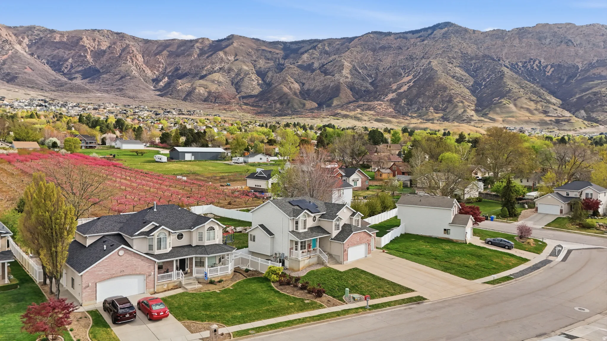 Aerial view of residential area with mountains