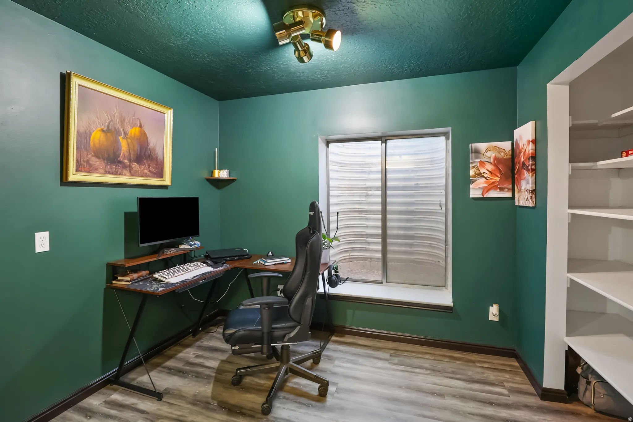Basement office featuring wood finished floors and a textured ceiling