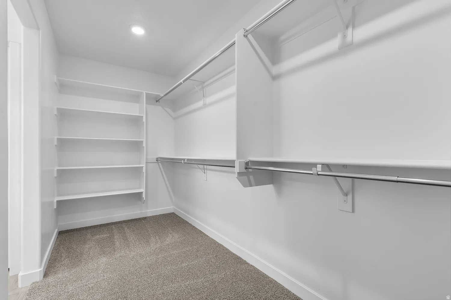 Walk in closet with light carpet