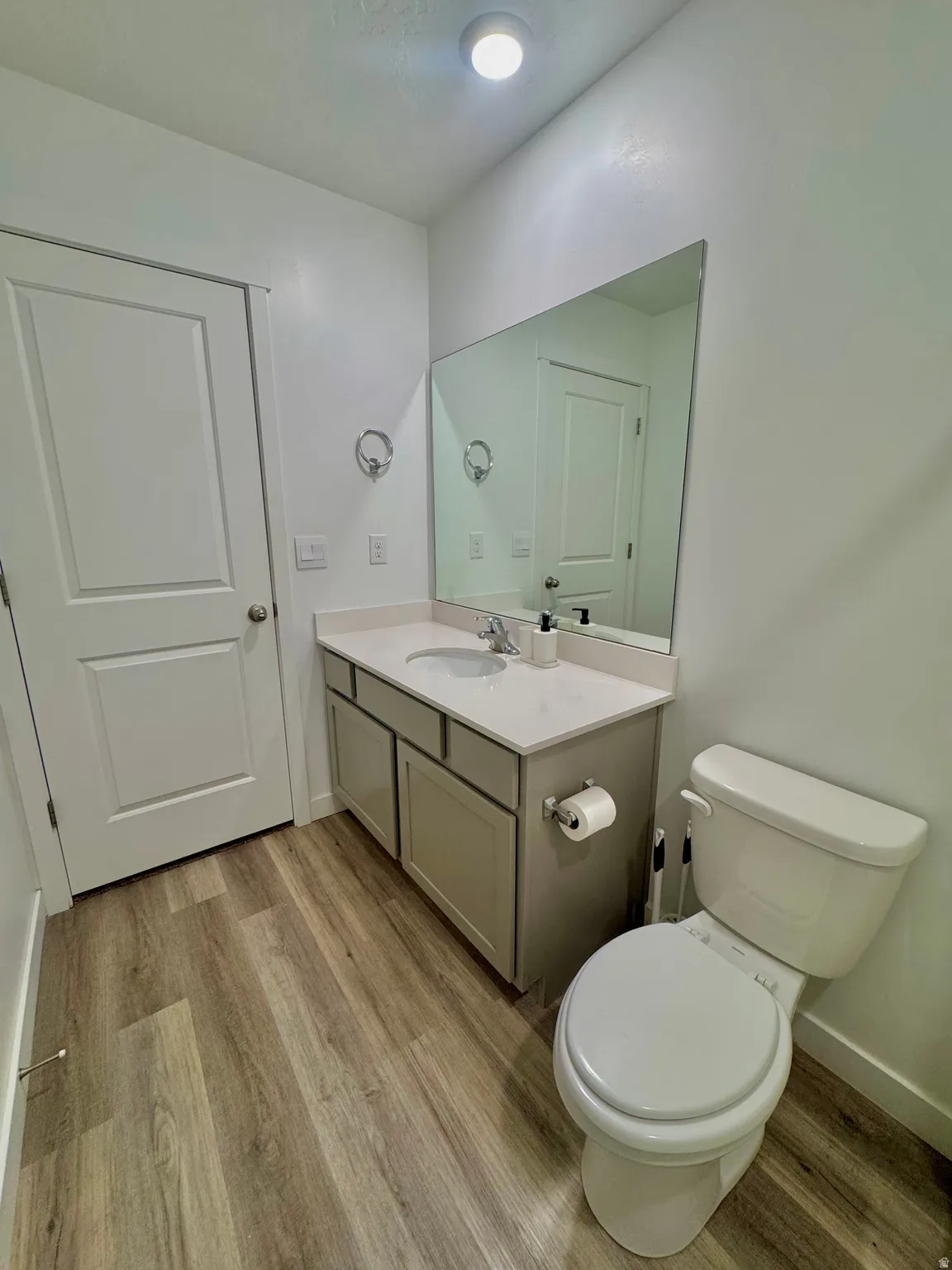 Bathroom featuring vanity and light wood finished floors