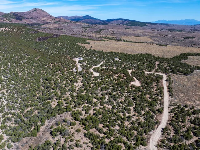 Expansive undeveloped land featuring a single-story residence, a winding dirt road, scattered evergreen trees, and distant mountains